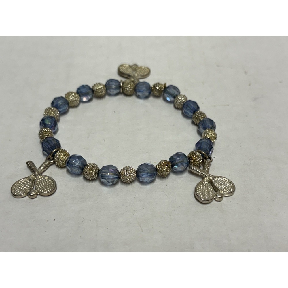 Bracelet Silver Tone Tennis raquets charms blue stretchy